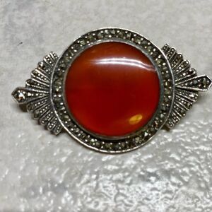 𝅺VINTAGE 925 marcasite and carnelian pin